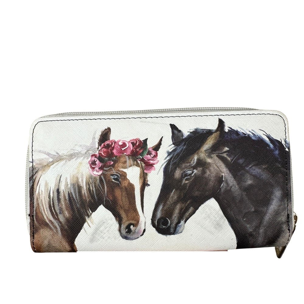 Horse Print Zip Around Wallet White Floral Crown Equestrian Western Organizer